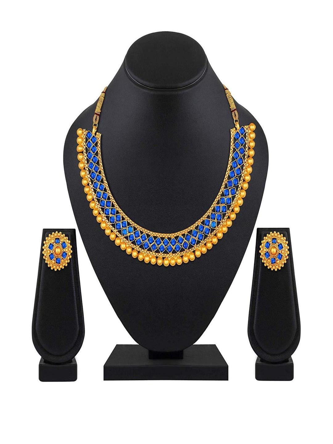KRISHIKA JWELLERY Blue& Gold Brass Jewellery Set with A pair of Earing