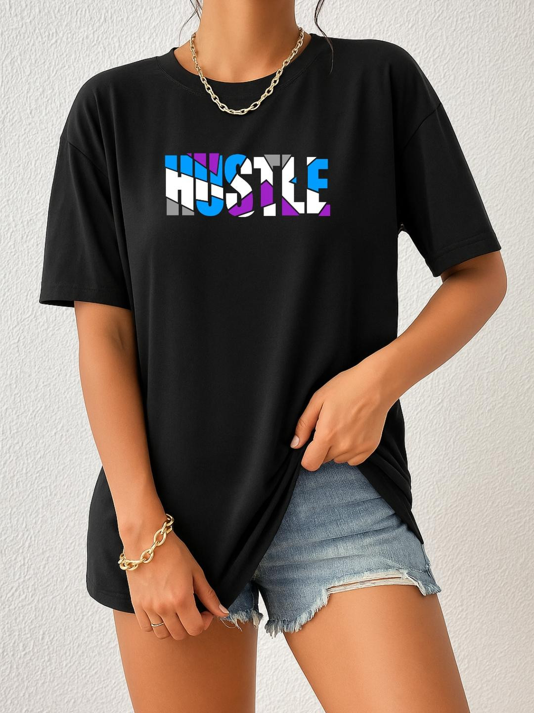 Women Black Hustle Typography Oversized T-Shirt