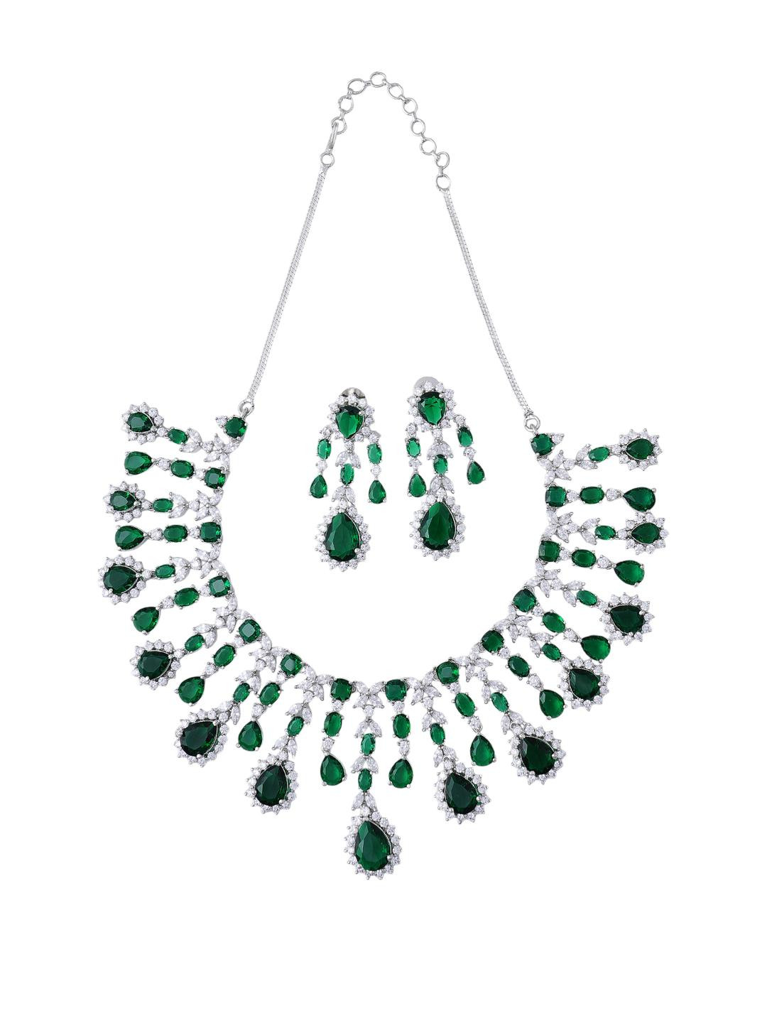 KAYRAH Green Brass Material Crafted CZ Stone Studded Necklace with Earrings