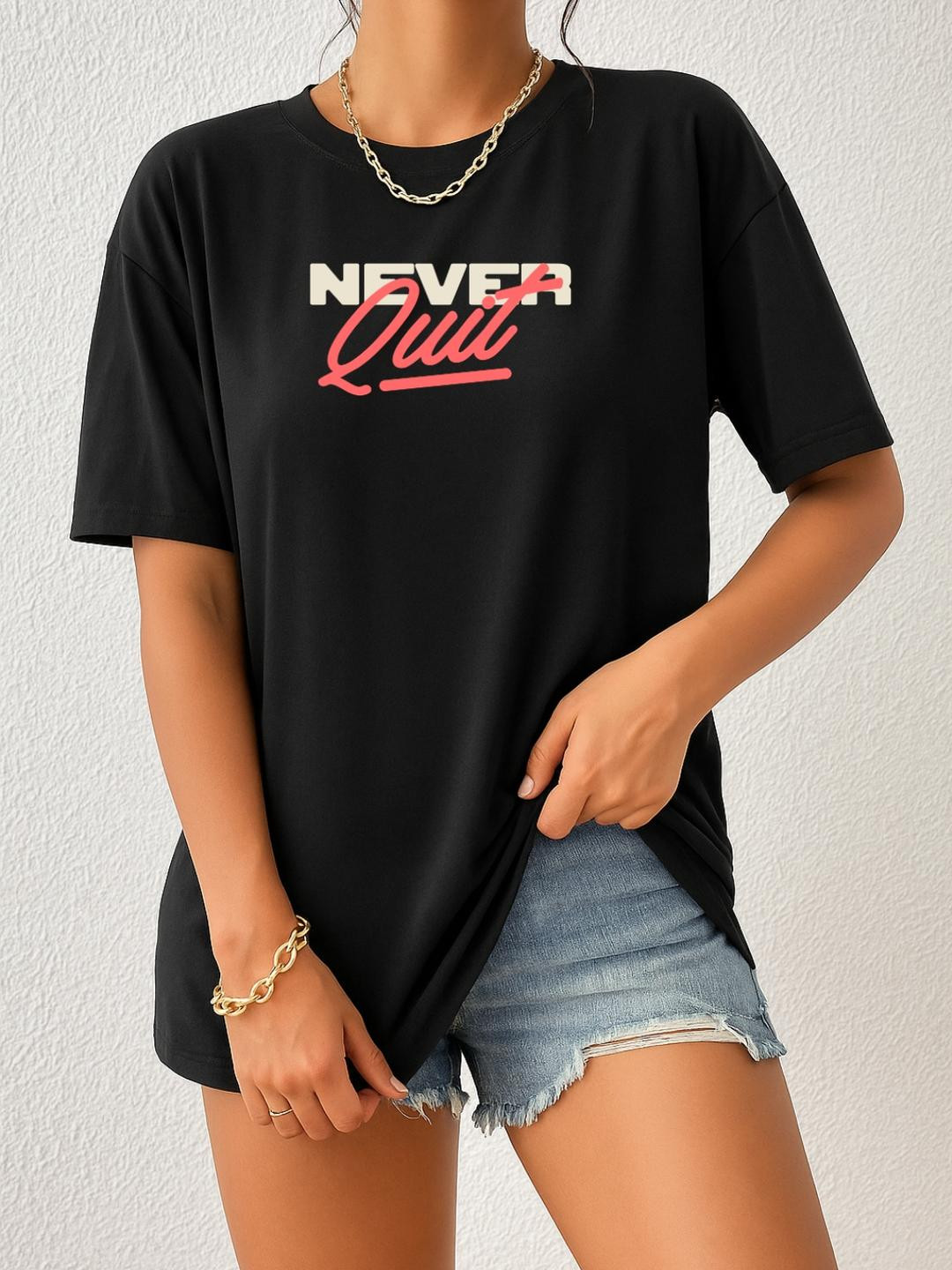 Women Black Never Quit Typography Oversized T-Shirt