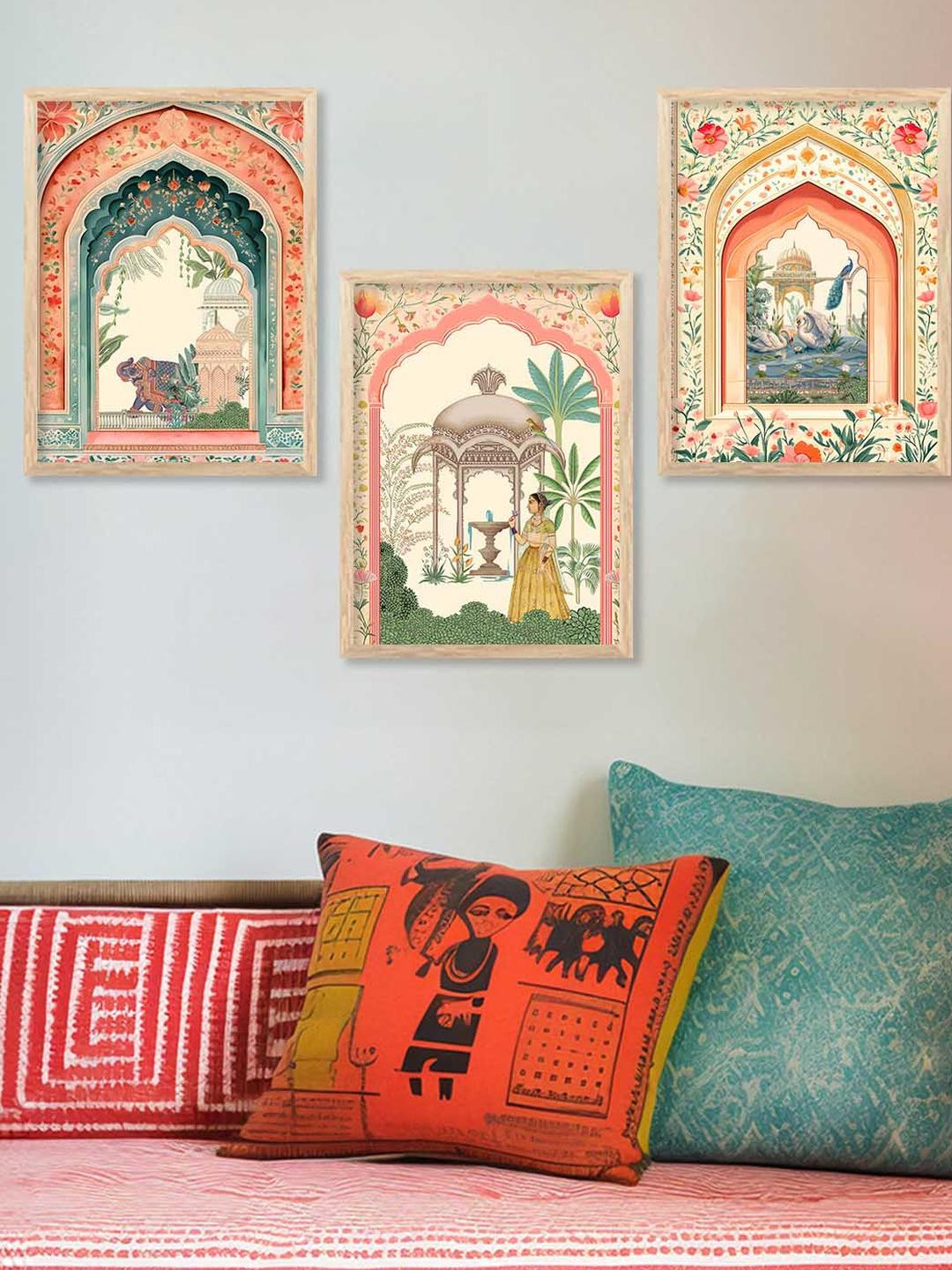 WALLLANE 3 Piece Brown & Orange Wood Frame Wall Paintings