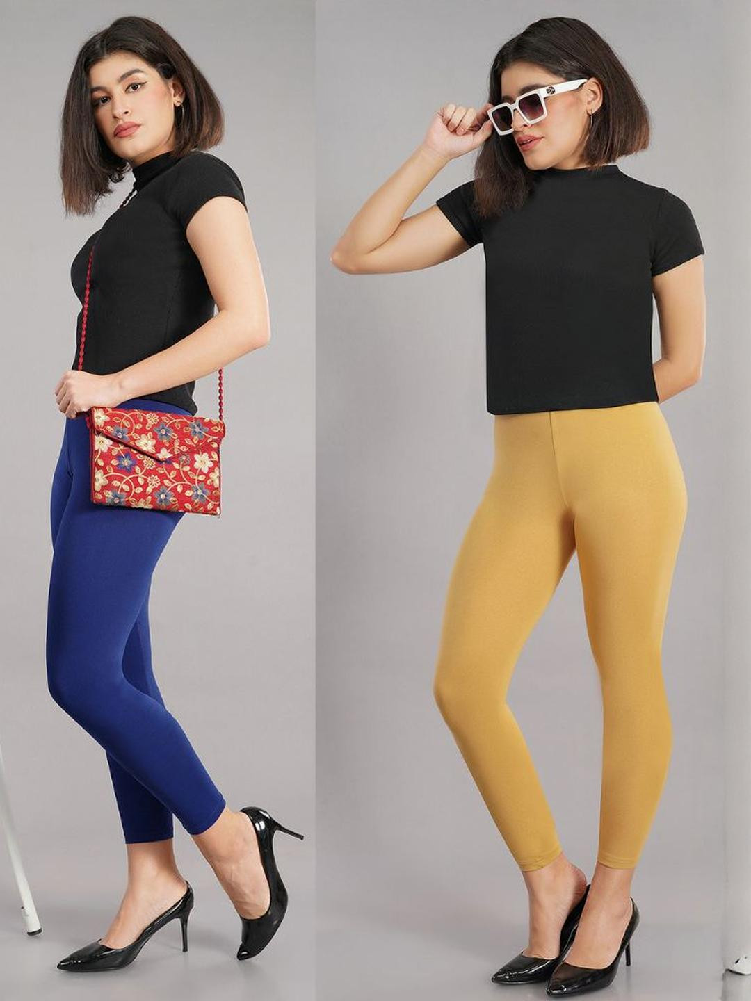 Avaasa Buy Shruthi Yellow & Navy Blue Pack Of 2 Ankle Length Leggings