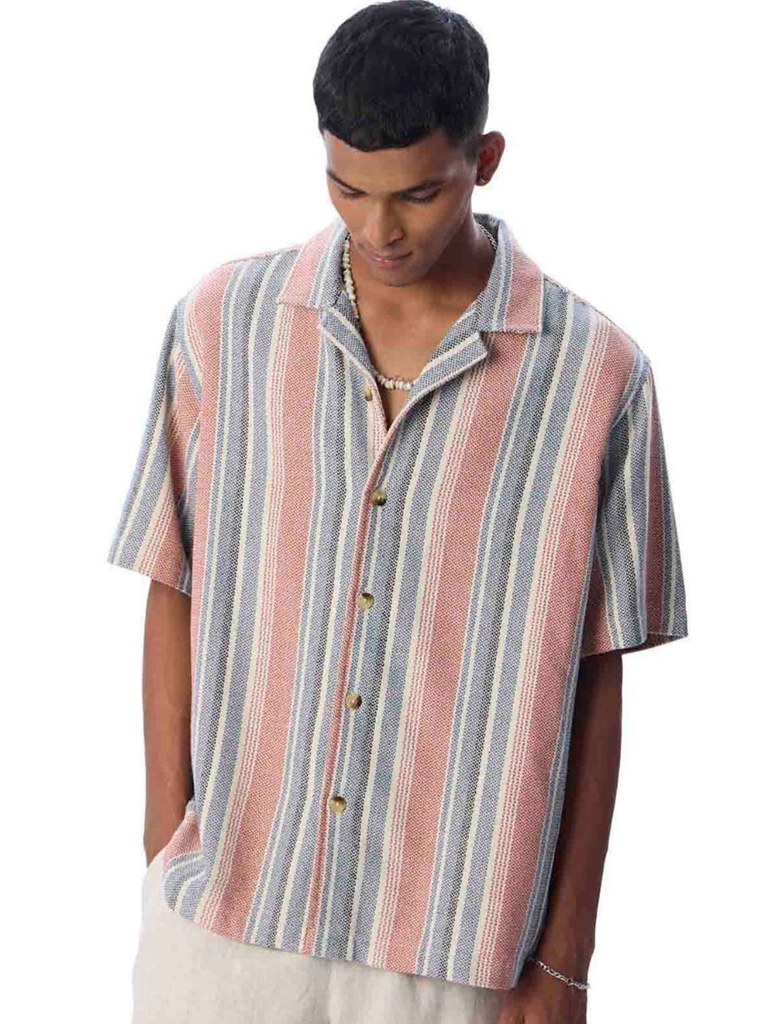 Urban Monkey Men Relaxed Fit Vertical Striped Cuban Collar Casual Shirt