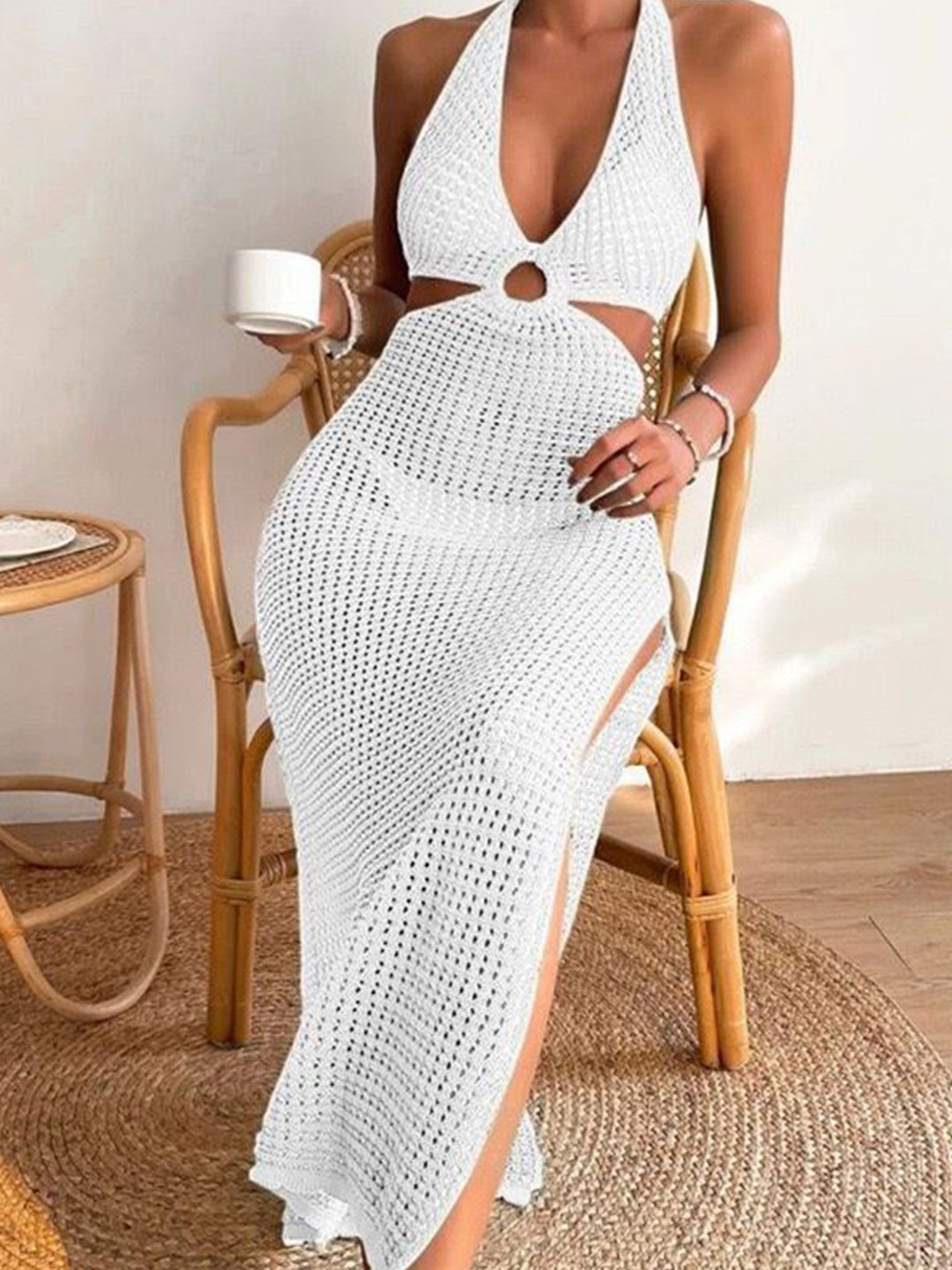 Miss Mosa By Akanksha  Marthey Women White Soft Crochet Knit Resortwear Dress