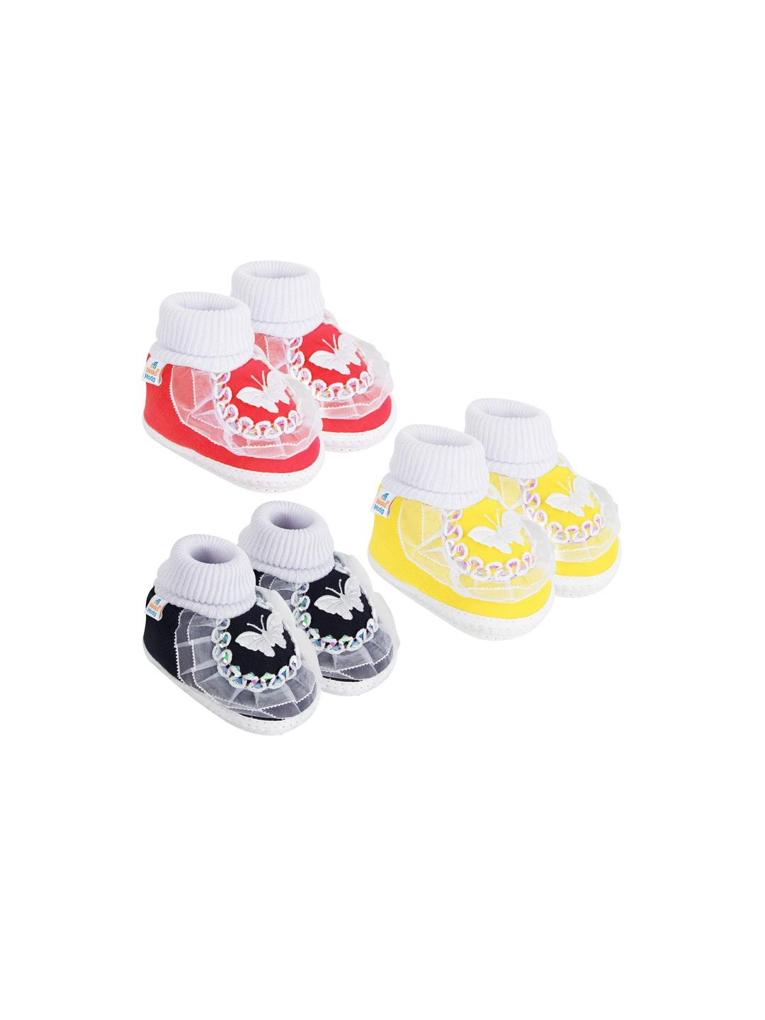 Neska Moda 0 To 6 Months Baby Girls Pack Of 3 Pair Cotton Butterfly Frill Newborn Soft Baby Booties (Toe to Heel Length - 10 cm, Black, Red, Yellow)