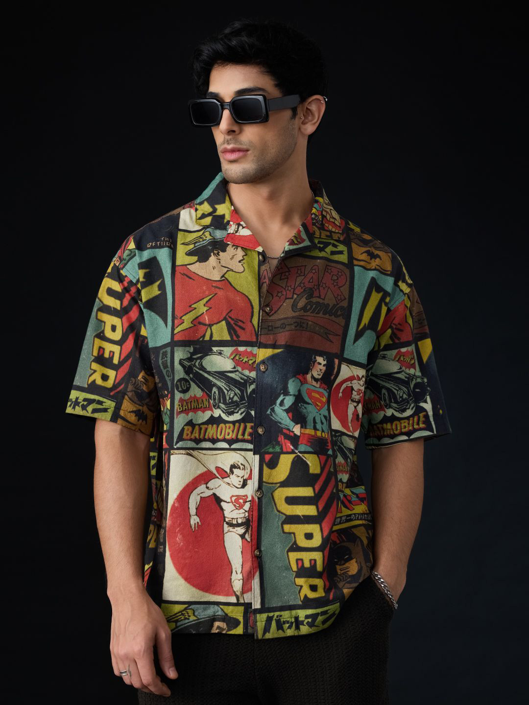 The Souled Store Oversized Vintage Poster Printed Cotton Linen Casual Shirt