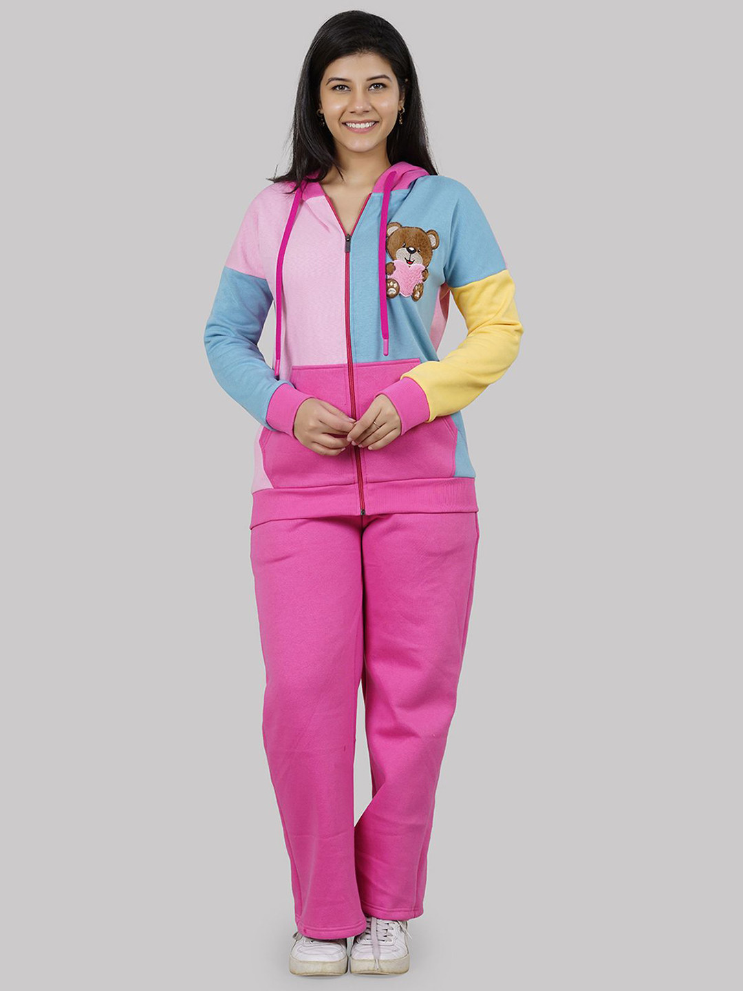 She N She Candy Pop Bear Printed Hooded Sweatshirt With Trousers Co-Ords