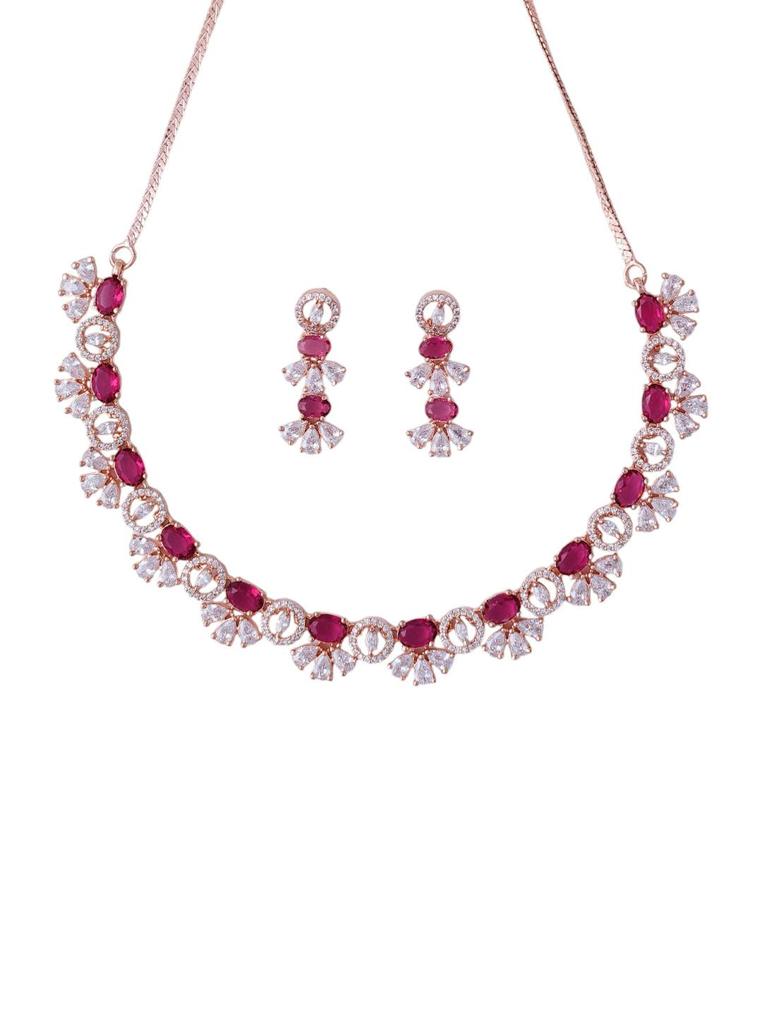 KAYRAH Red Brass CZ Stone Studded Necklace with Earrings