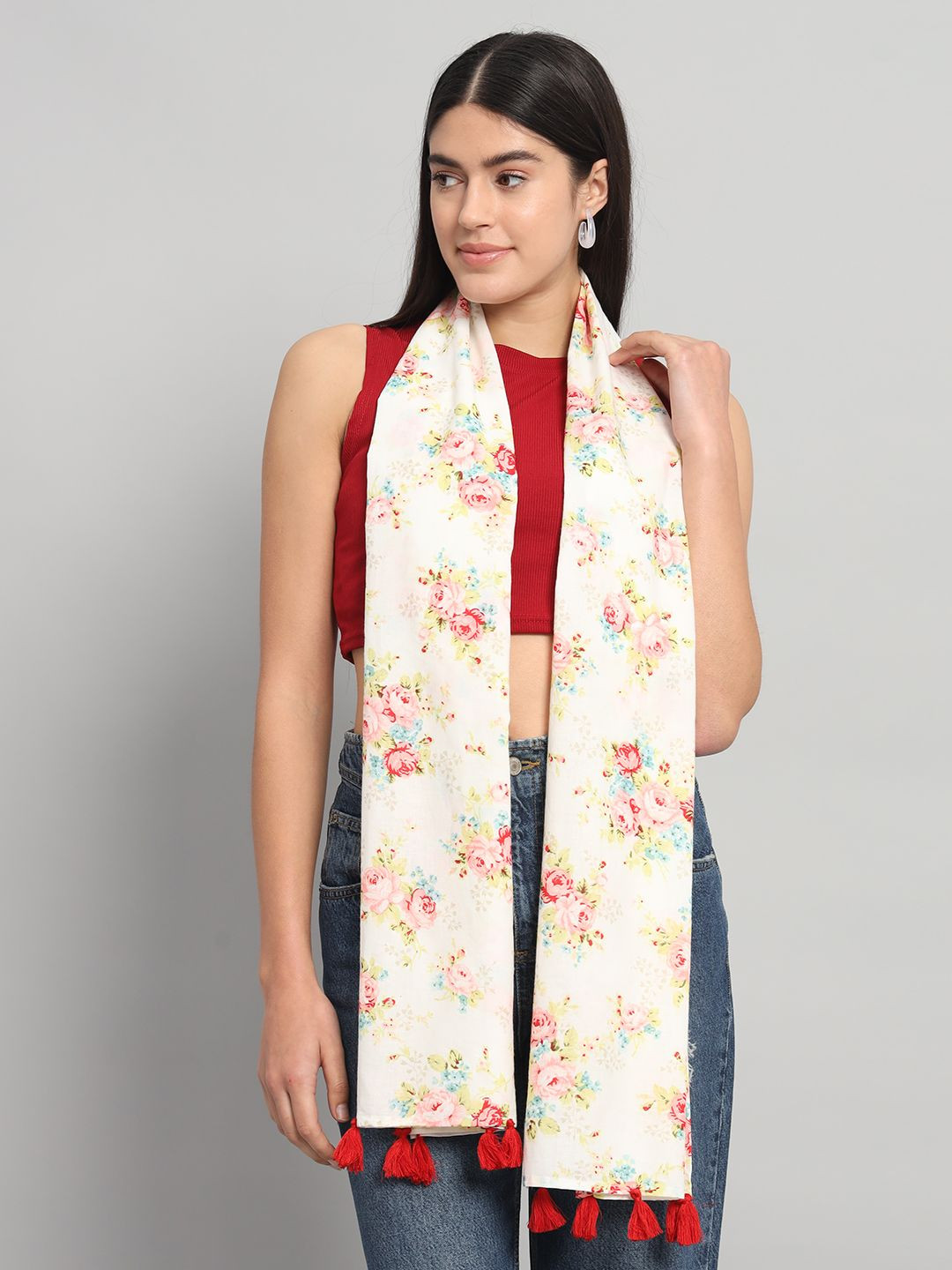 Ravaiyaa Women Hand Block Rose Printed Cotton Tasseled Scarf
