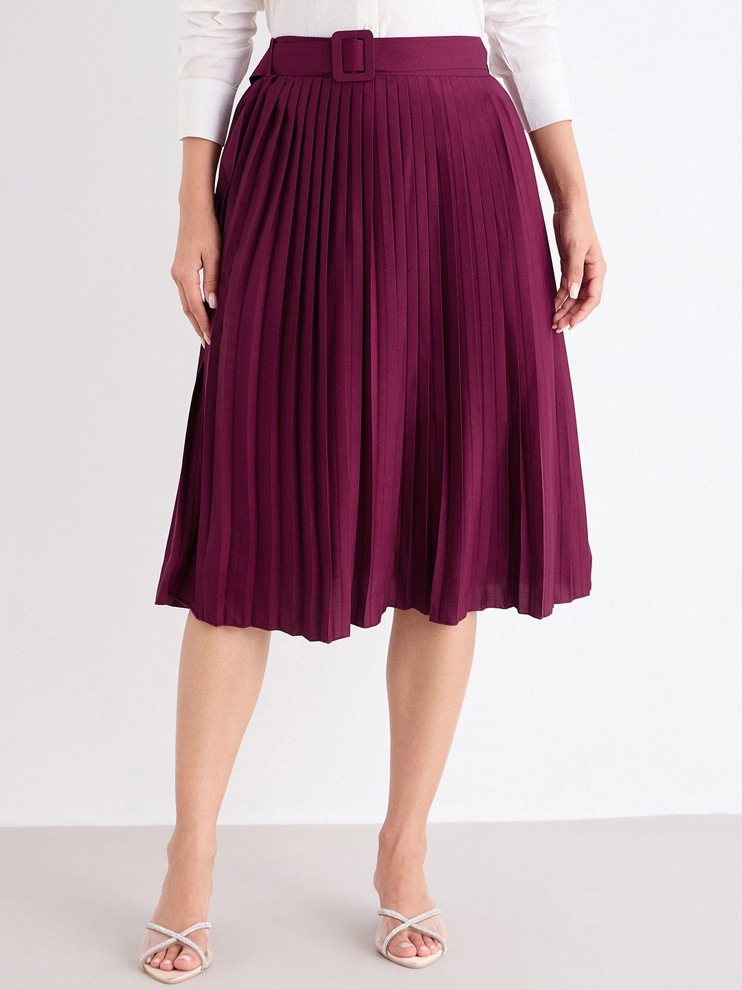 Styli A-Line Midi Pleated Skirt With Self Fabric Belt Detail