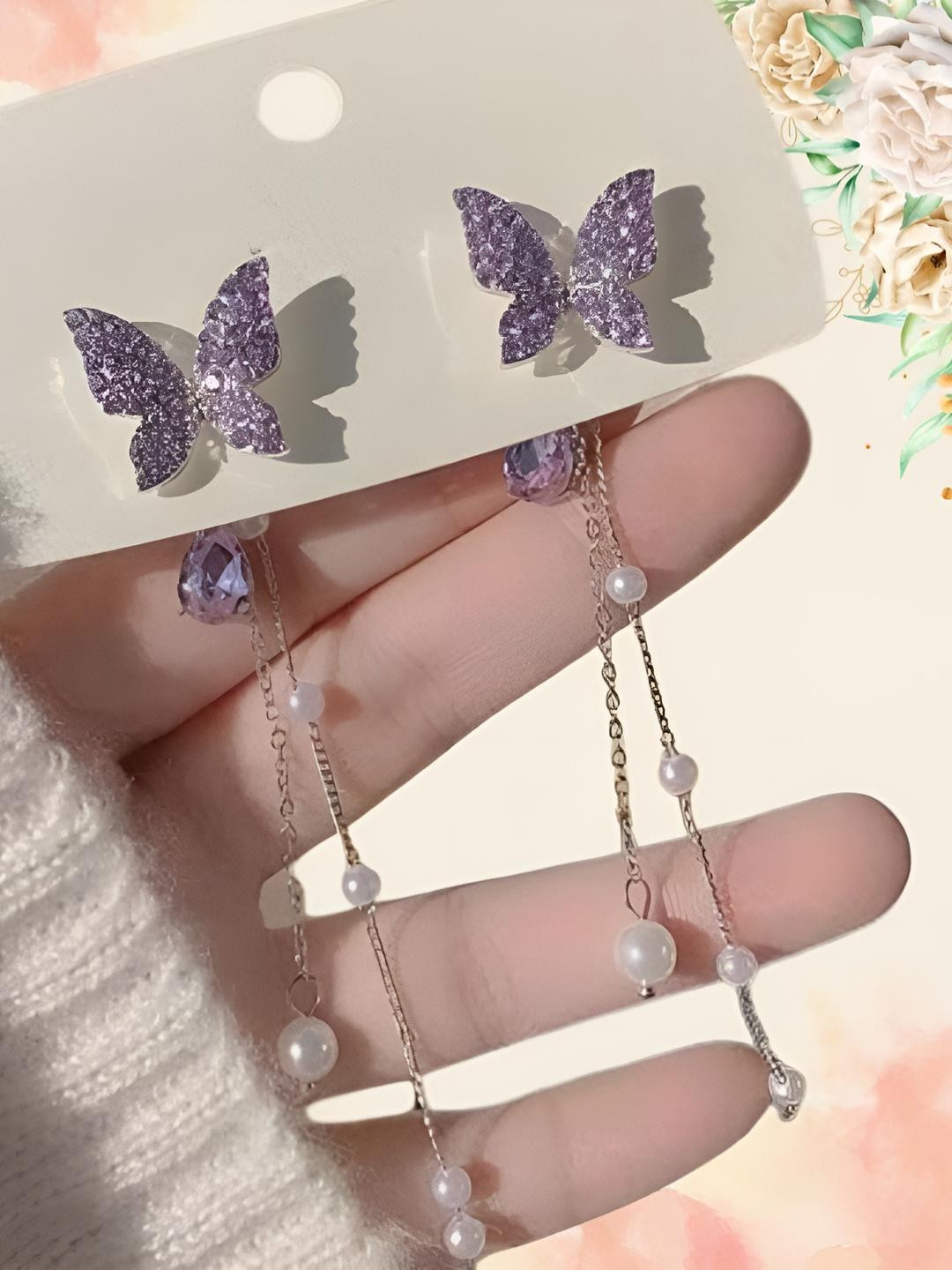 AKISON JEWELS Purple Butterfly Crystals Studs Earrings