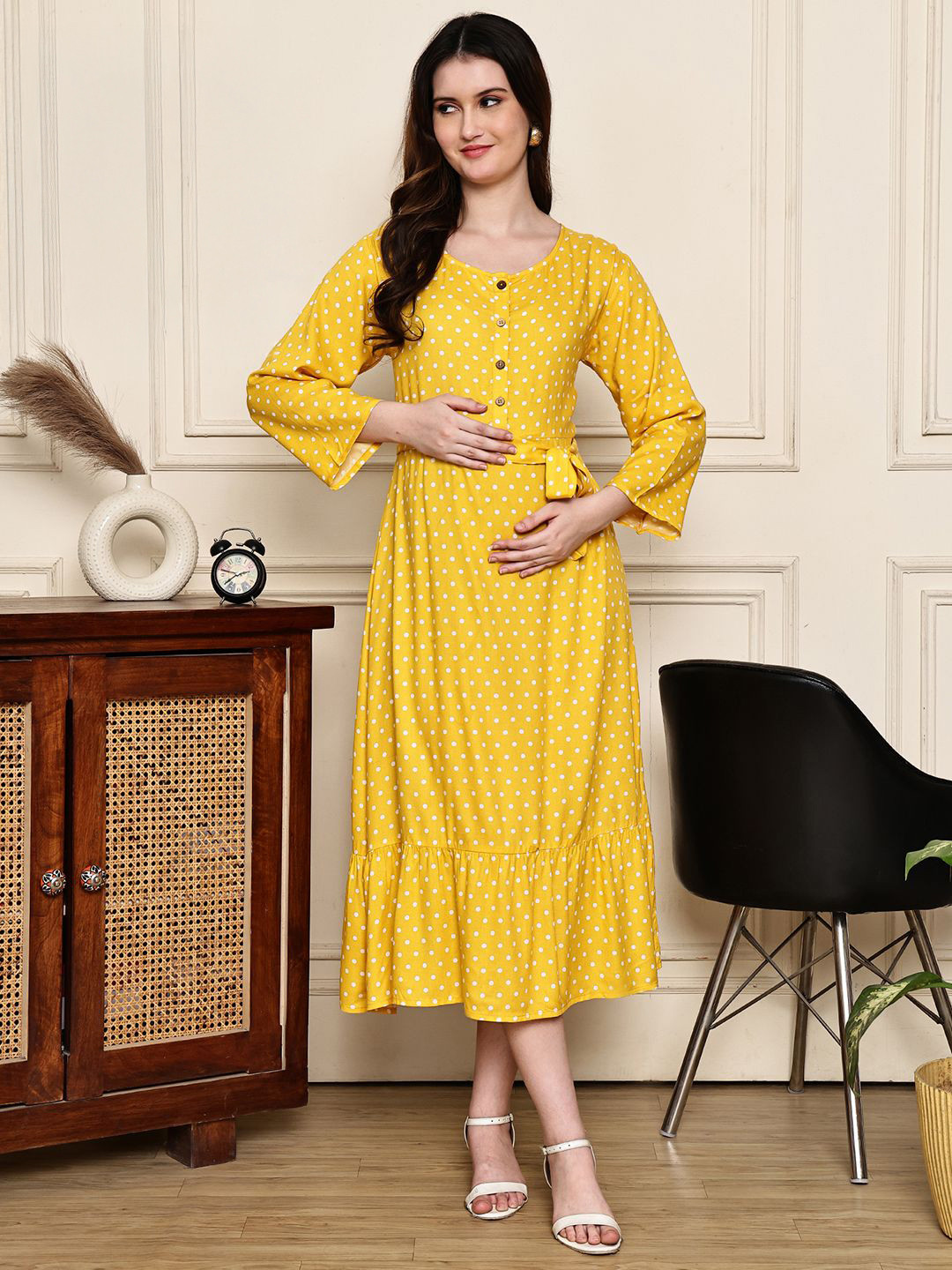 COLOR STUDIO Women Polka Dot Printed Maternity A-Line Midi Dress