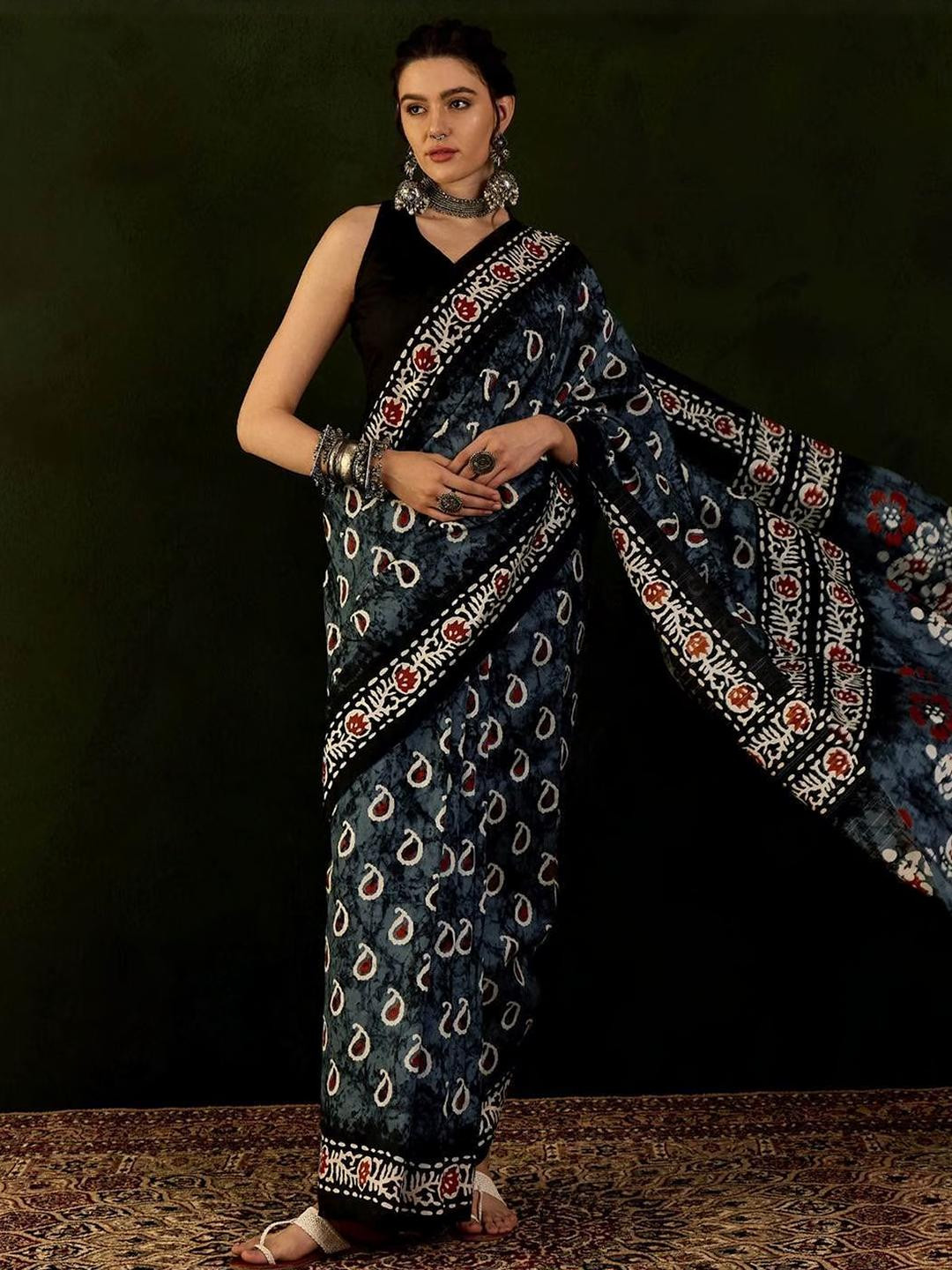 AQUILIQ Woven Black Color Design Zari Silk Cotton Banarasi Traditional Saree