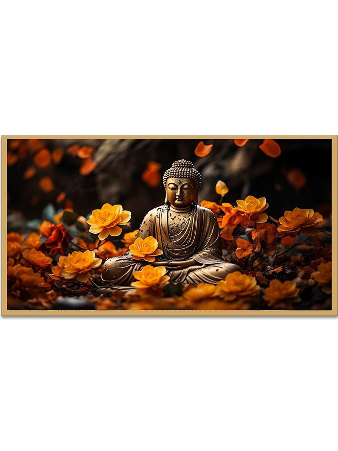 DEKORSTATION Orange & Gold-Toned 1 Piece Canvas Budha Wall Art