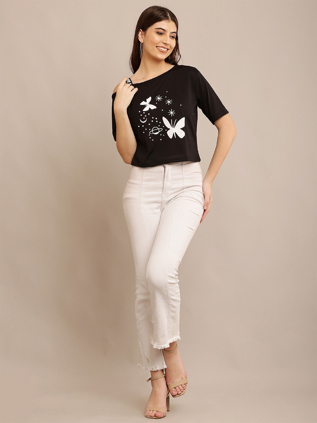 Raabta Fashion Women Graphic Printed One Shoulder Crop Top