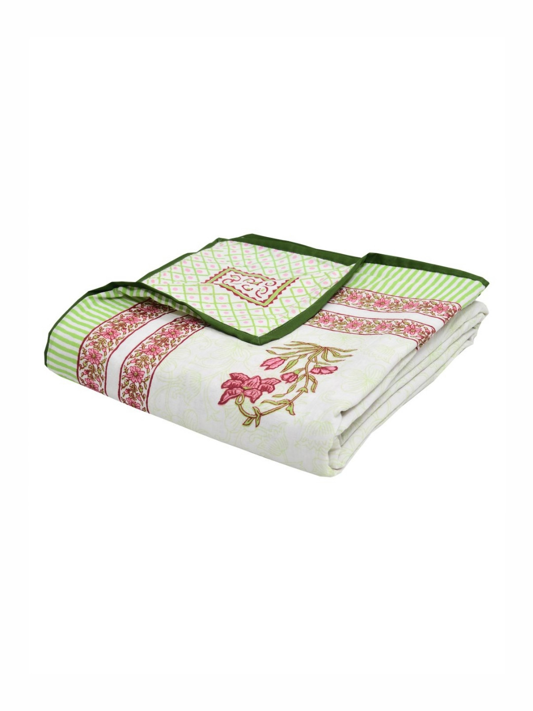 Sangria Green & Pink Hand Block Floral Printed 150 GSM Pure Cotton Single Dohar