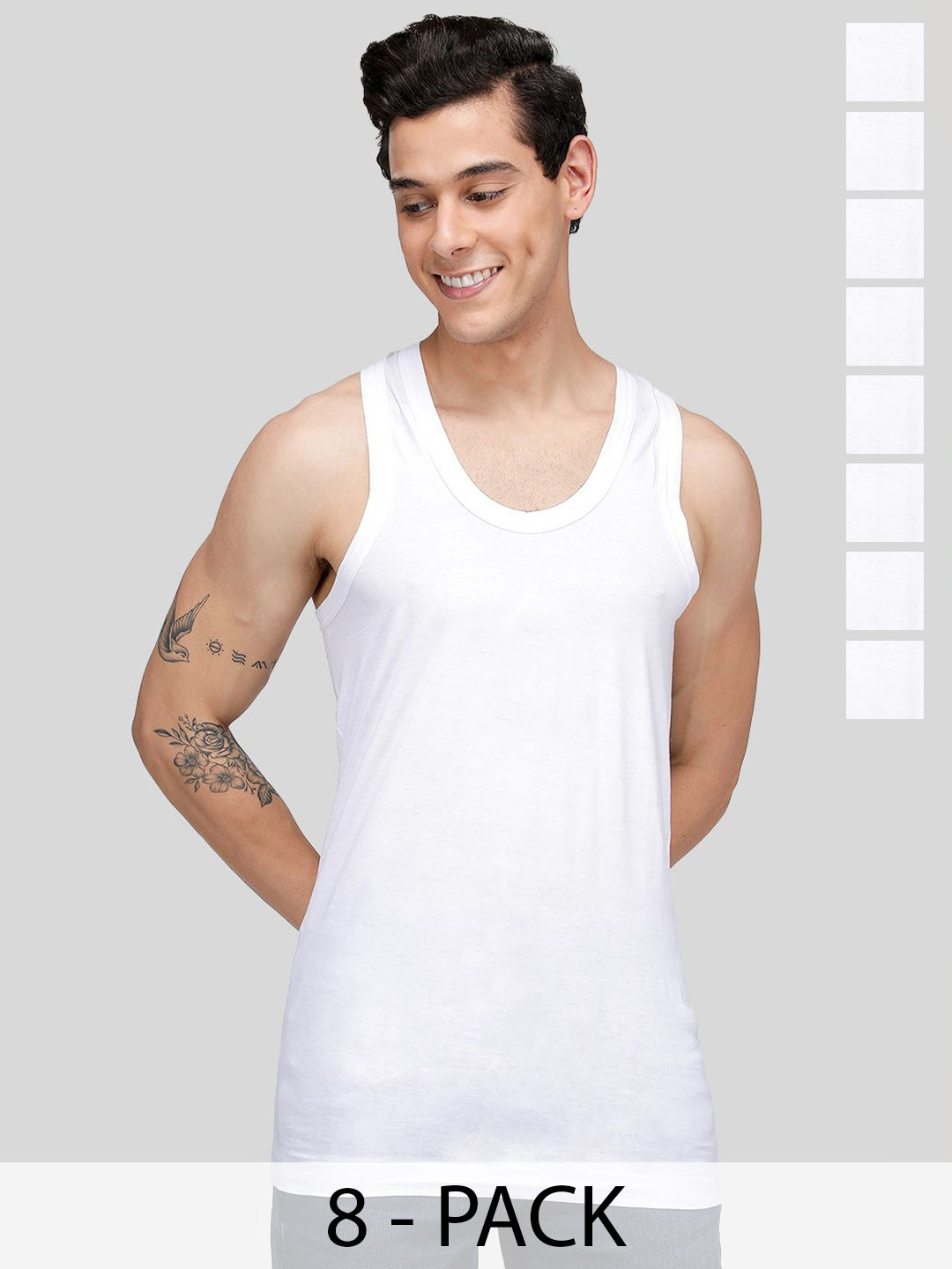 MACHO Pack Of 8 Pure Cotton Innerwear Vests ASI001BRN2P-WHT-8PC