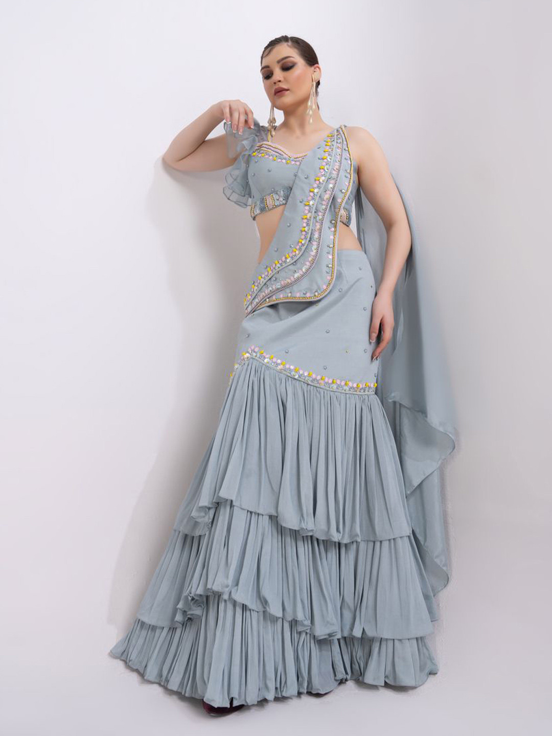 MERGE DESIGN Embellished Beads & Stones Pure Chiffon Lehenga Saree