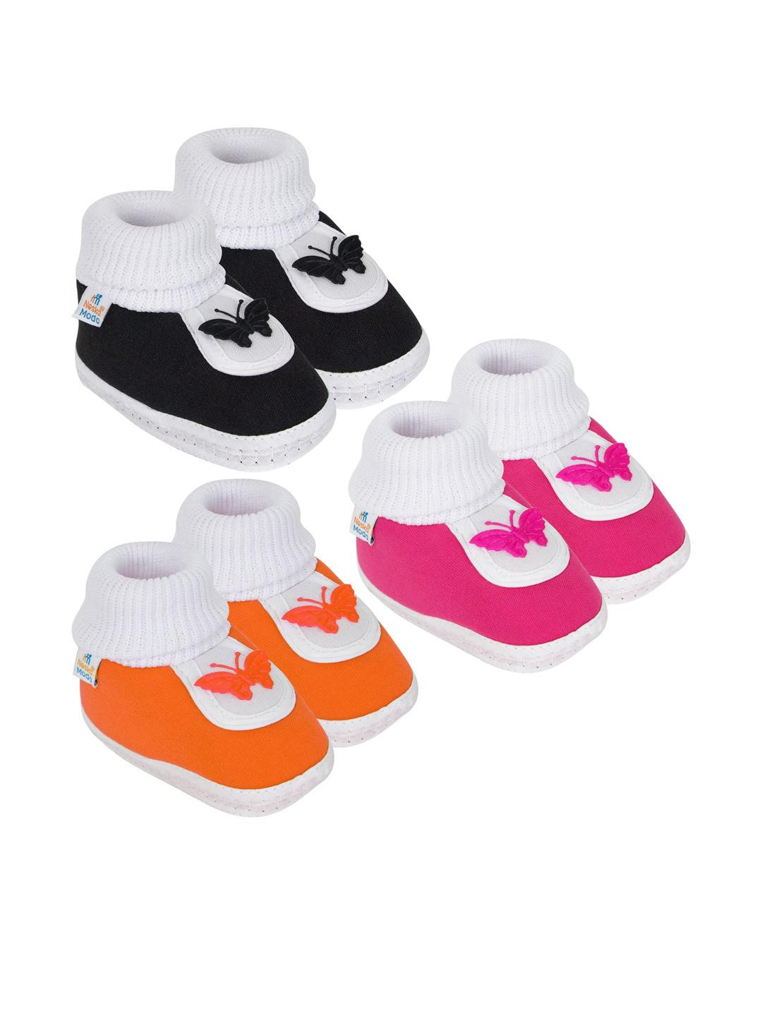 Neska Moda 0 To 12 Months Baby Boys & Baby Girls Set of 3 Pair Soft Cotton Butterfly Booties (Toe to Heel Length - 12 cm, Black, Pink, Orange)