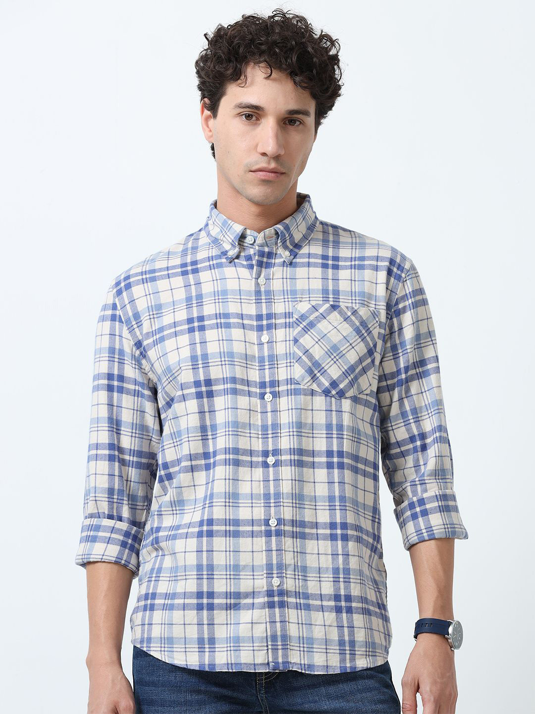 Espanshe Men Tartan Checked Button-Down Collar Pure Cotton Casual Shirt