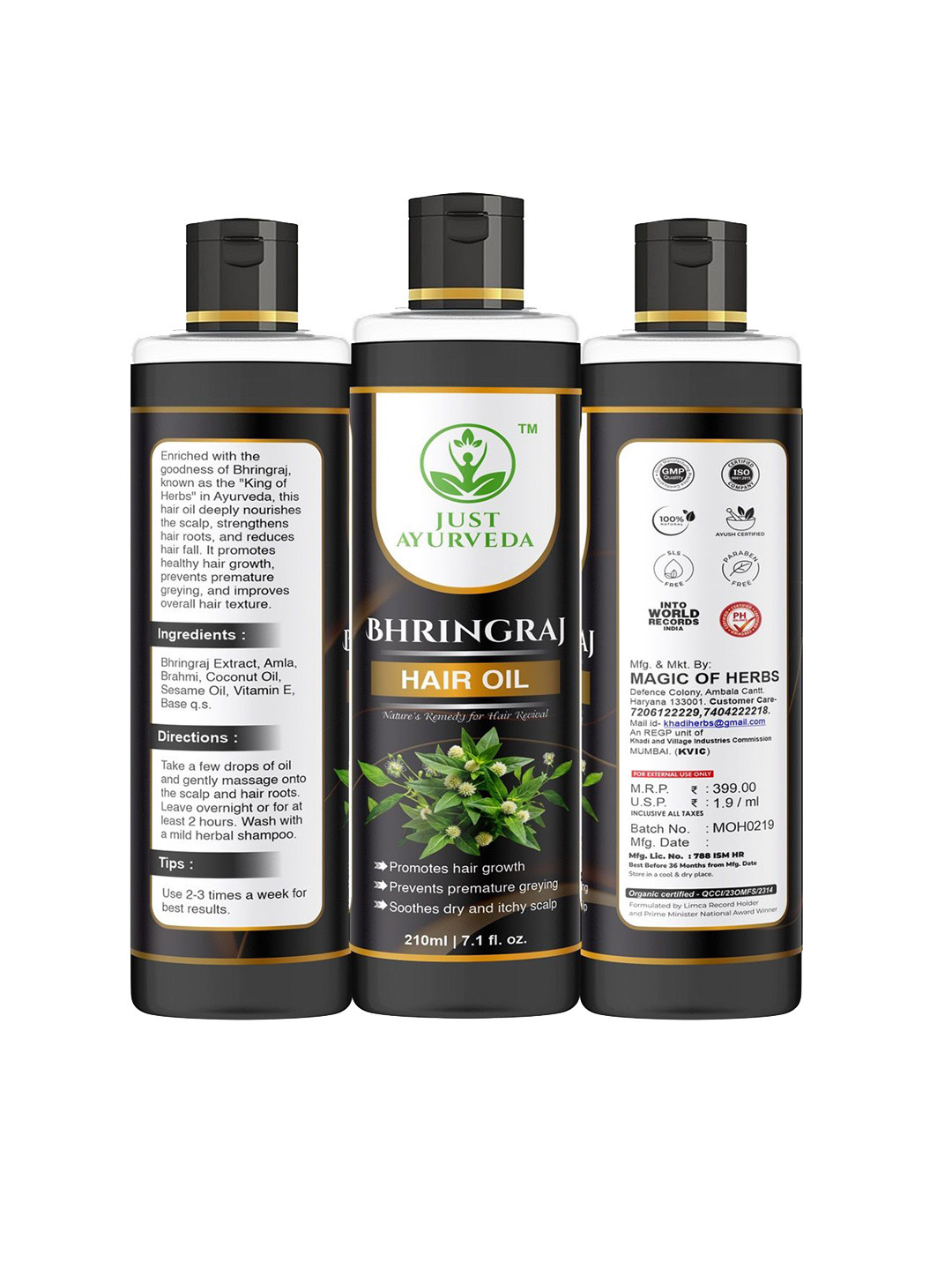 JUST AYURVEDA Set Of 2 Bhringraj Hair Oil For Hair Growth - 210 ml Each