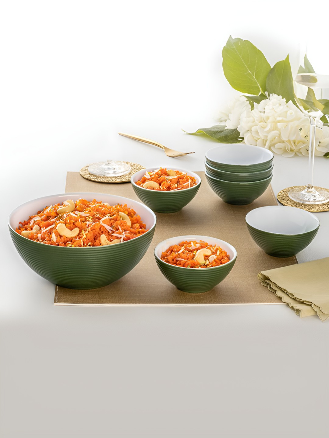 Larah by BOROSIL Olive &  White 7 Pcs Textured Opalware Matte Serving Bowl