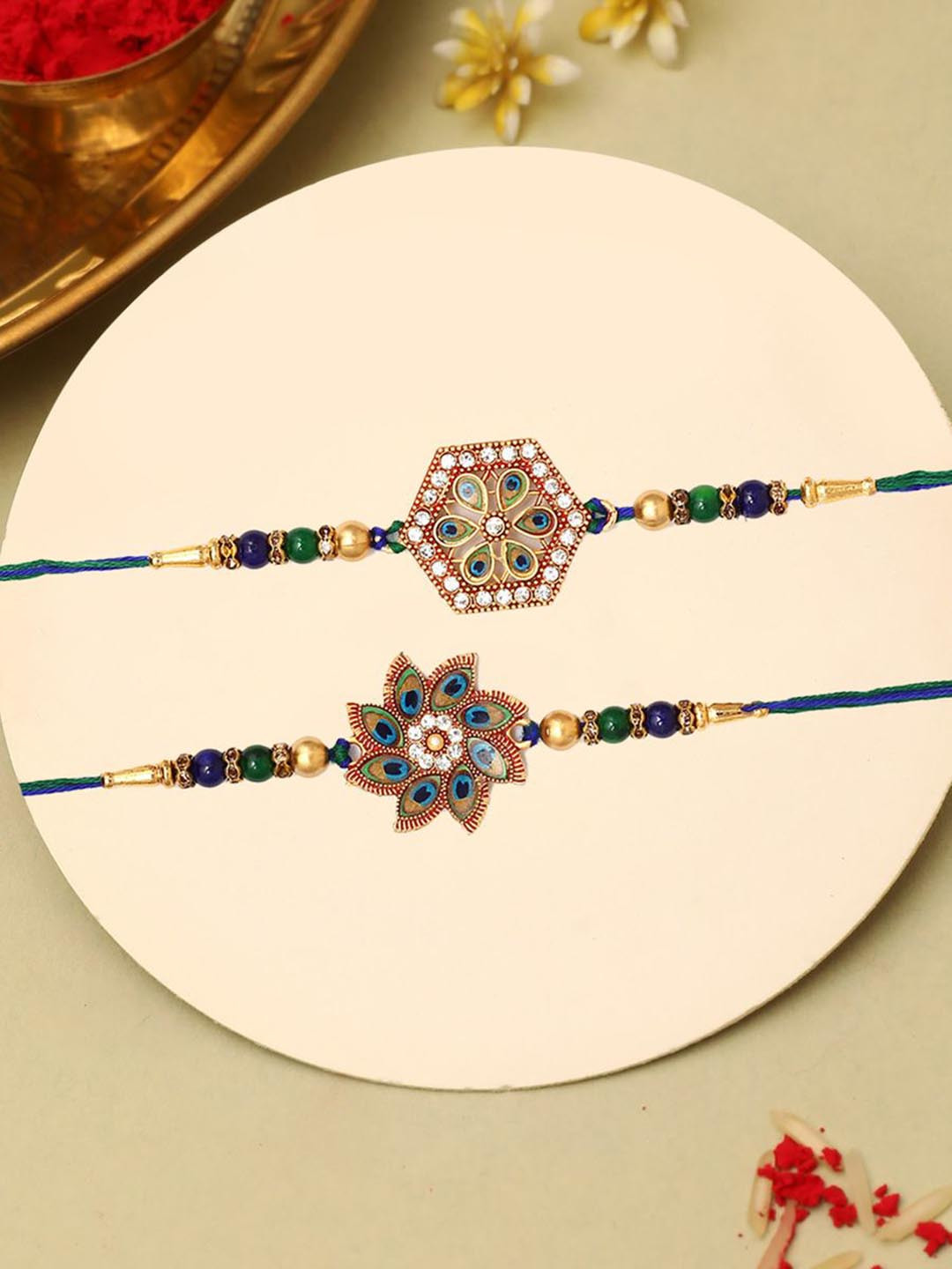 The Purple Tree Set Of 2 Kundan Studded & Beaded Peacock Feather Flower Thread Rakhis