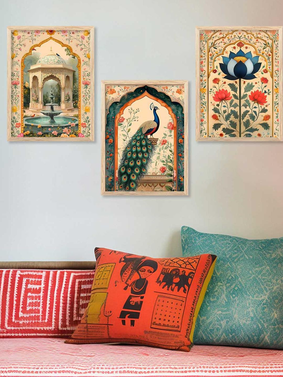 WALLLANE Brown 3Pc Wood Floral & Bird Wall Paintings