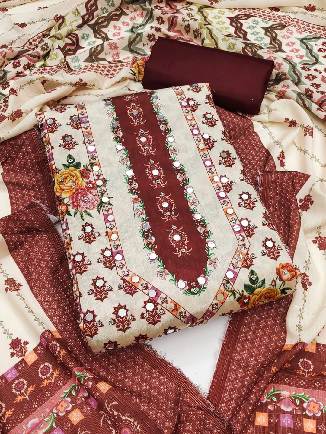 HE VAHLA Floral Printed Mirror Work Unstitched Dress Material