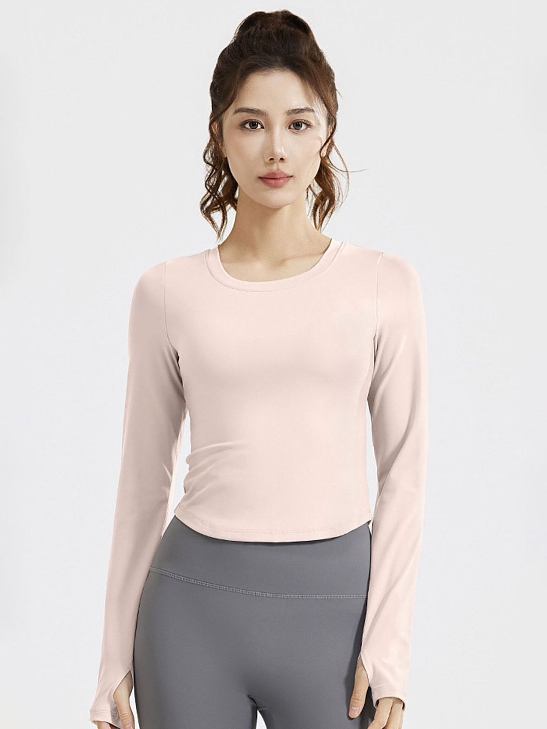 LULU & SKY Women Round Neck Thumbhole Sleeve Active Wear Fitted Top