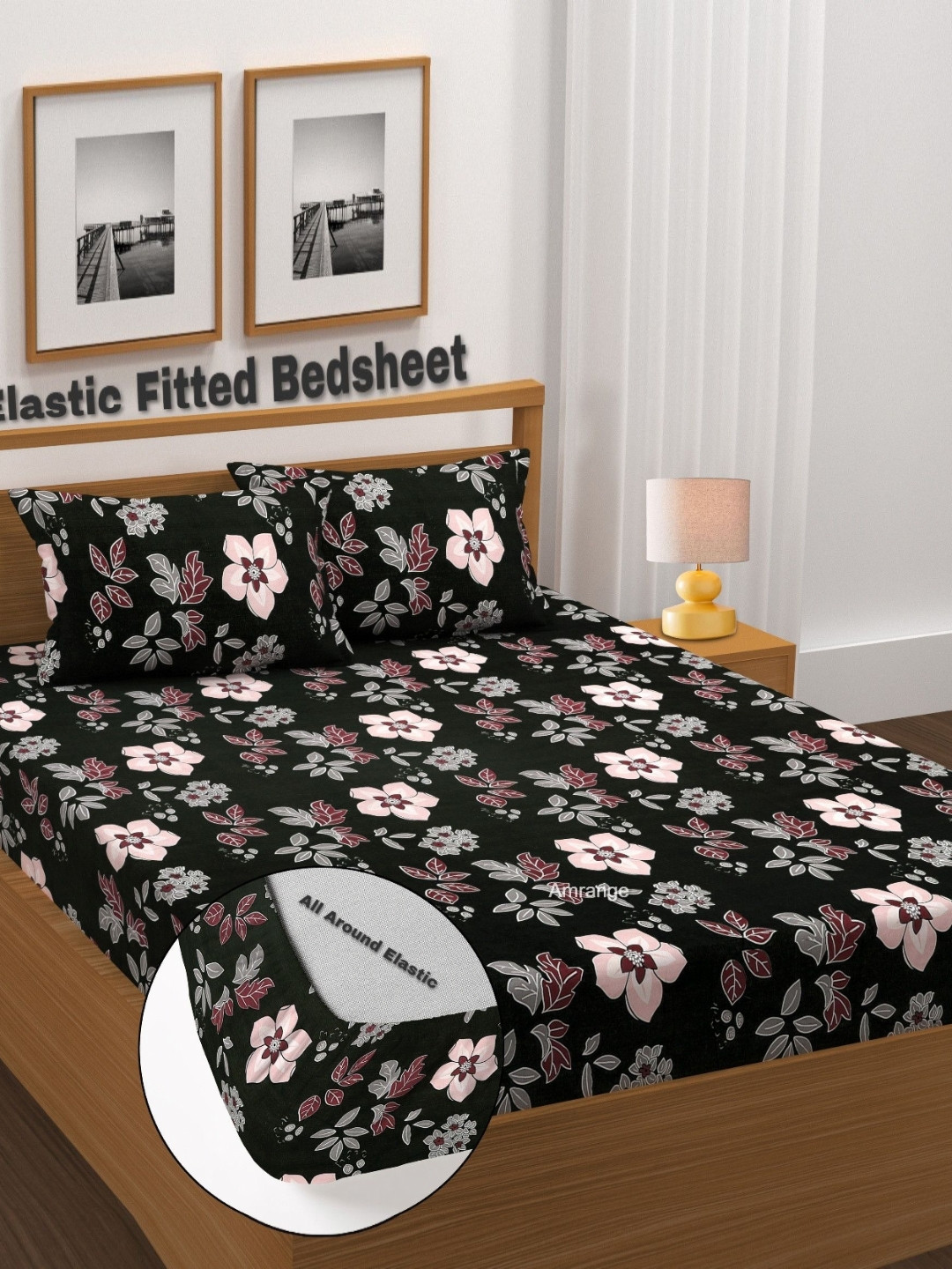 AMRANGE Black & Gray Printed Fitted Microfiber 210 TC Double King Bedsheet Set 1.8m x 1.9m