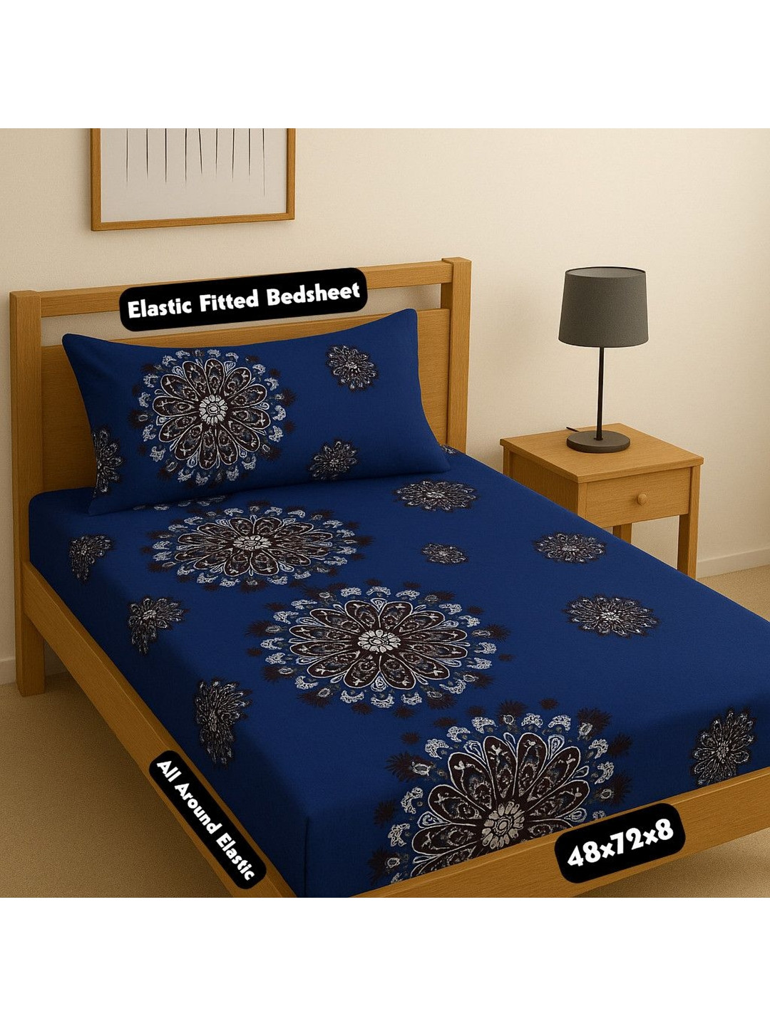 AMRANGE Blue & Black Printed Fitted Cotton 180 TC Singal Bedsheet Set 1.2m x 1.8m