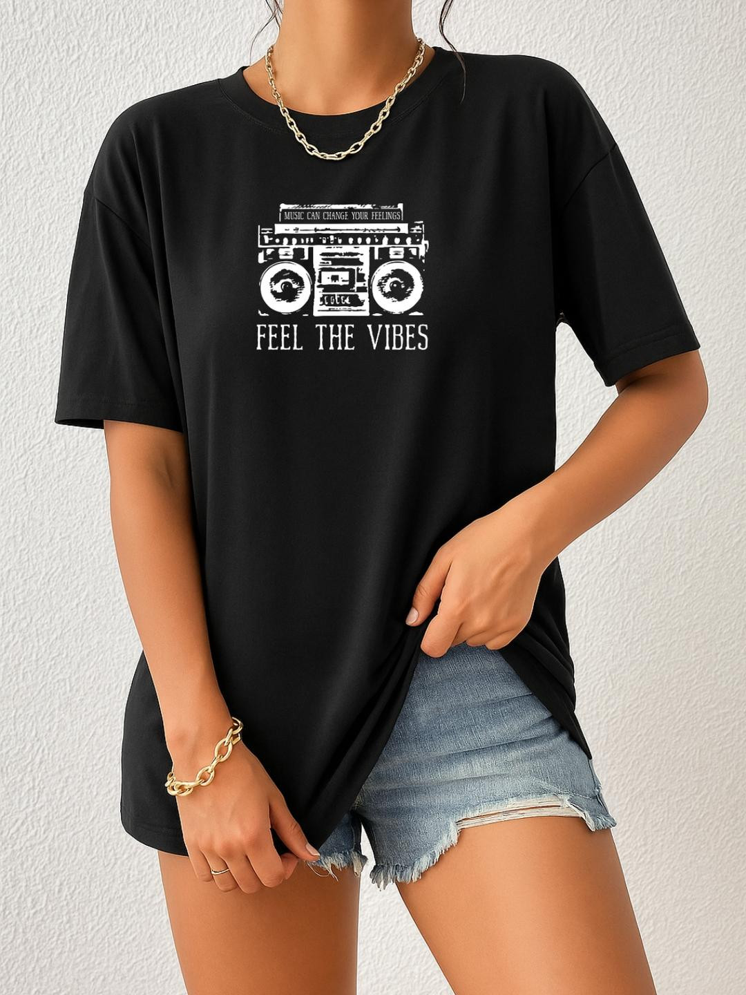Women Black Music Graphic Oversized Tee