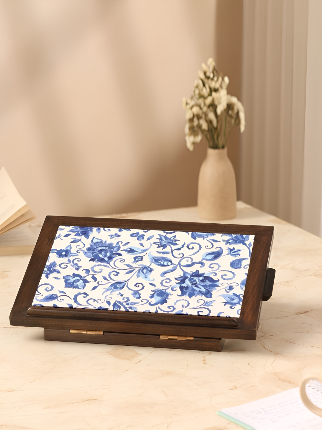Ritualistic 2Pcs White & Blue Printed Wooden Foldable Laptop Table