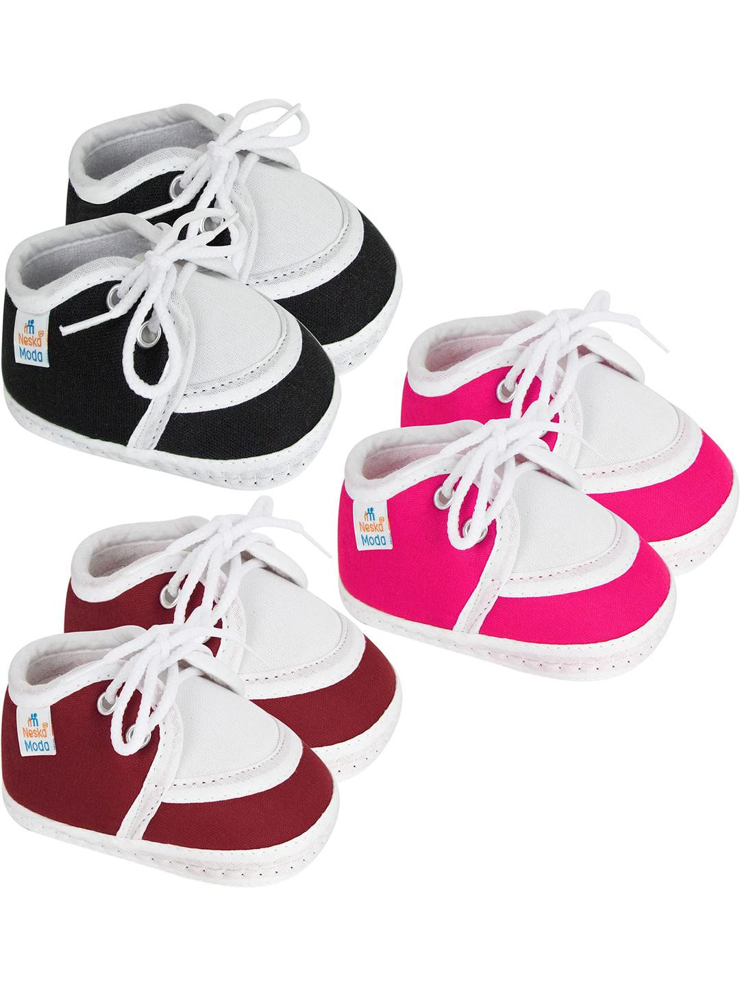 Neska Moda 0 To 12 Months Baby Boys & Baby Girls Set of 3 Pair Combo Soft Cotton Lace Booties (Toe to Heel Length - 12 cm, Black, Maroon, Pink)