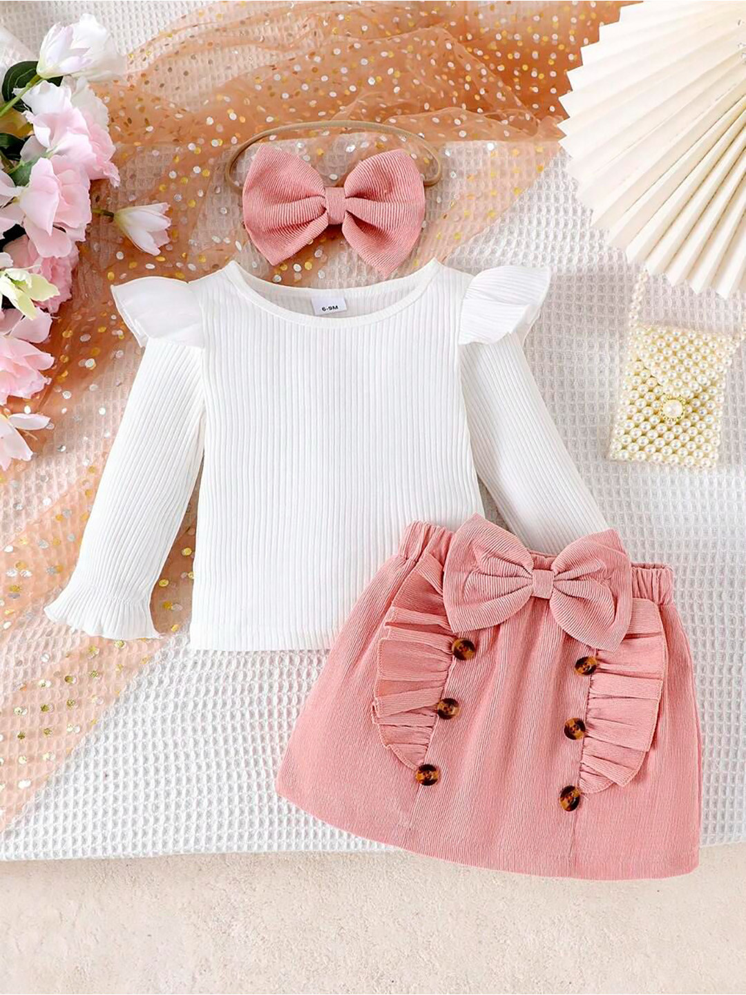 NABBU Girls Striped Long Sleeves Top With Skirt With Matching Headband