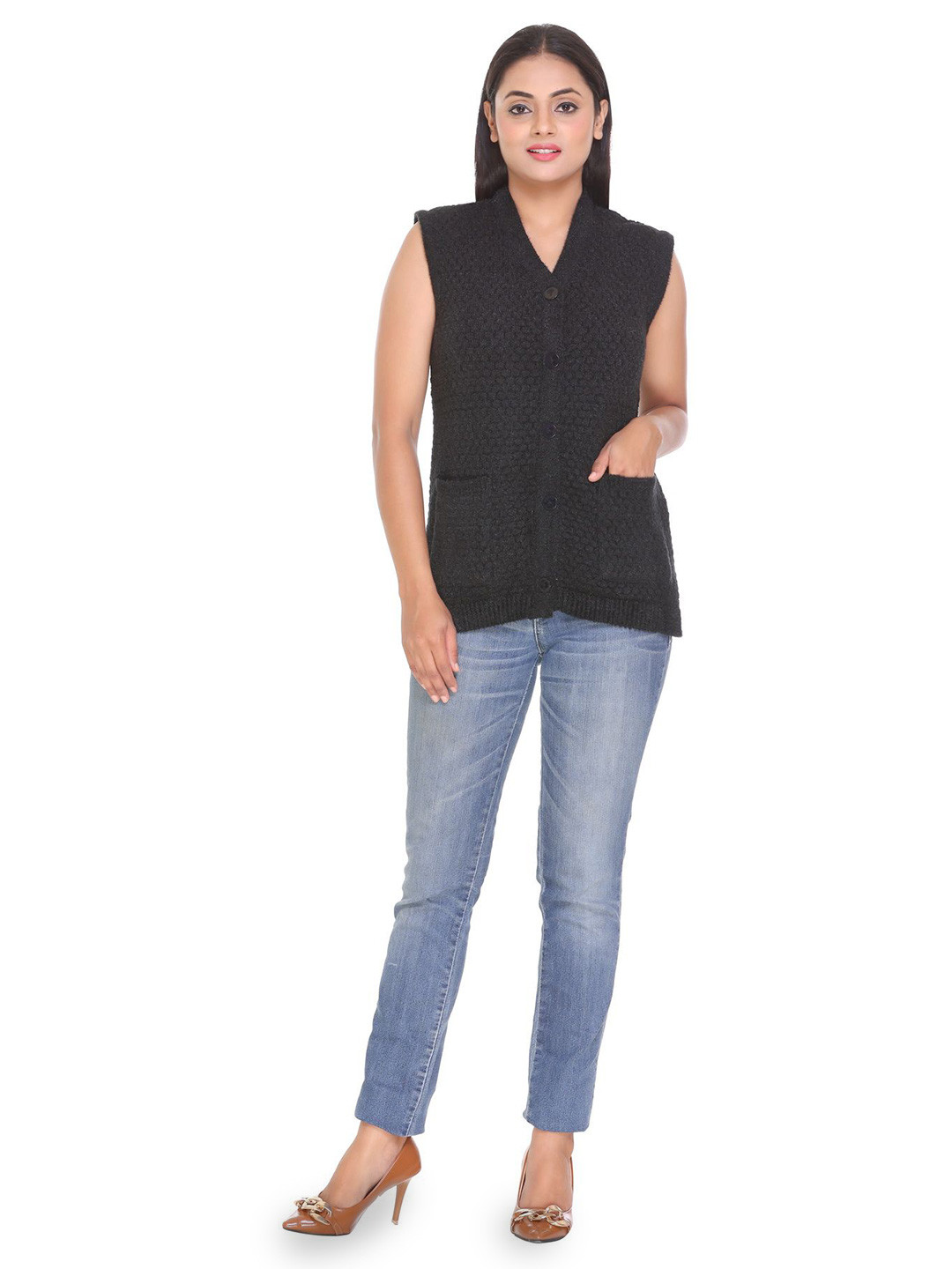 WOOL 4U Women Boucle Self Design Woollen Cardigan