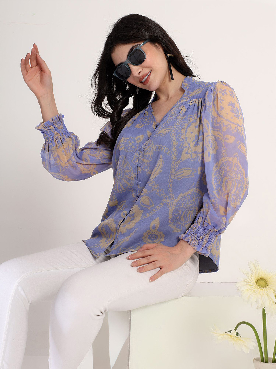 Justin Whyte Floral Print Puff Sleeves Regular Top