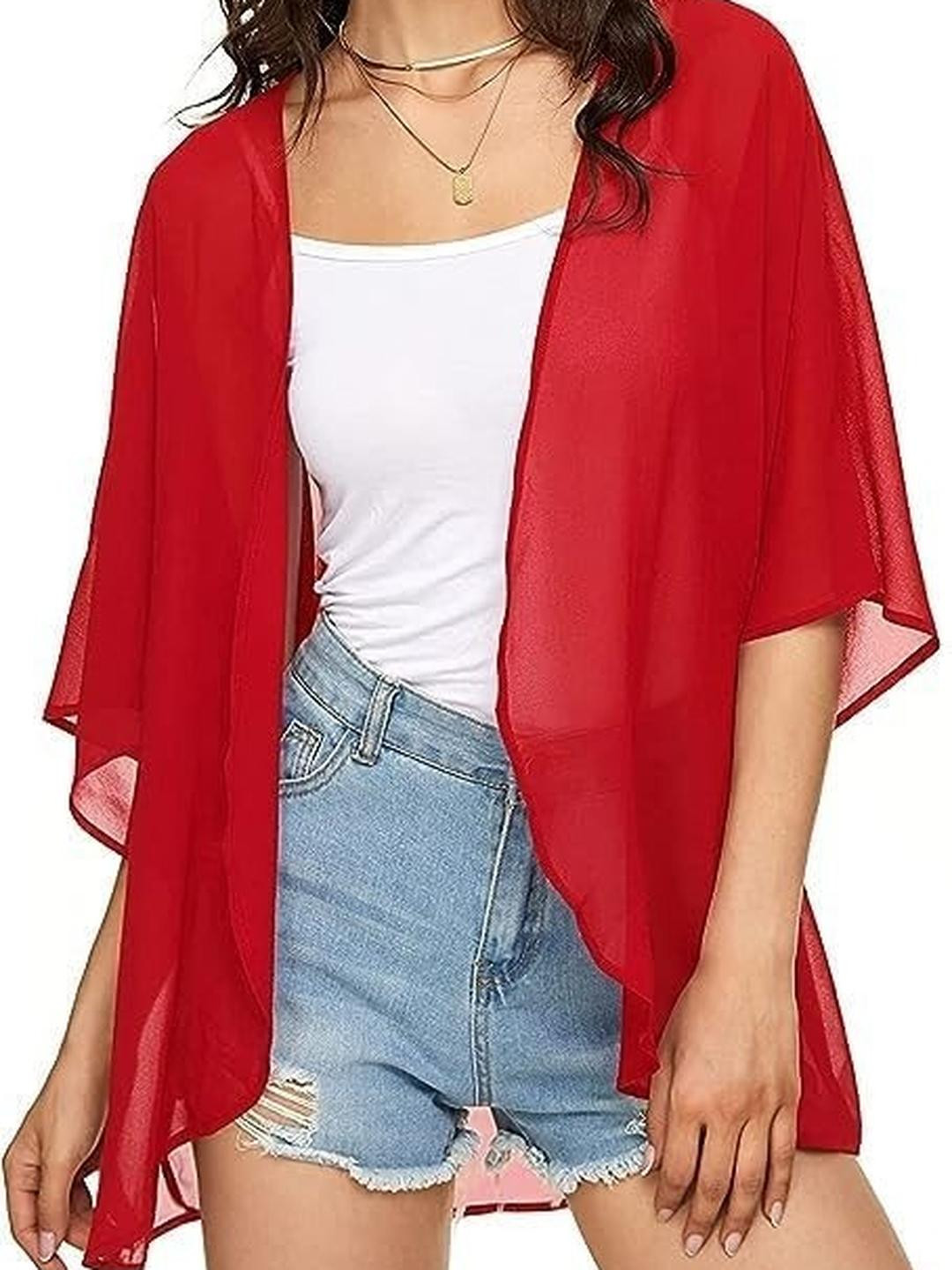 Dahr Women's Casual Chiffon Kimono Cardigan, Red, Half Sleeve, Beach Cover Up