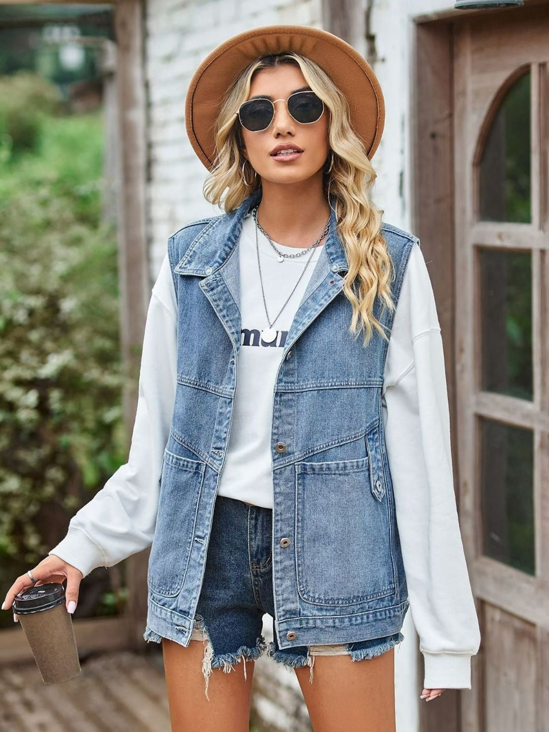 Oh Rare Hooded Sleeveless Denim Jacket With Utility Pockets