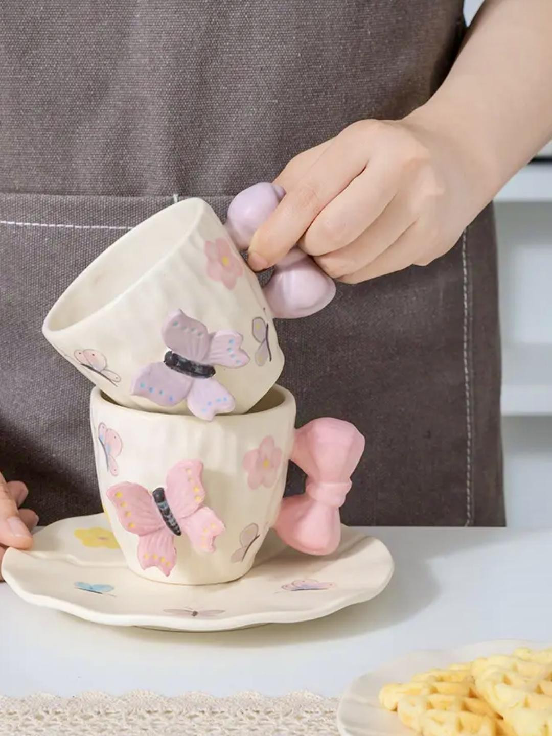 peppy little things Off White & Pink Floral Printed Ceramic Glossy Cups