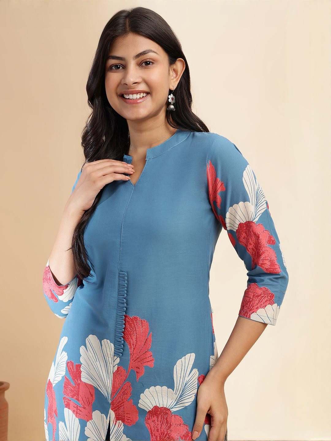 KALINI Women Aqua Blue Floral Print Straight Cotton Co-Ord Set