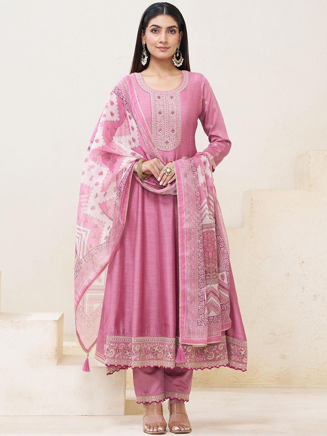CHHAAP Embroidered U-Neck Anarkali Mirror Work Kurta With Trousers & Dupatta