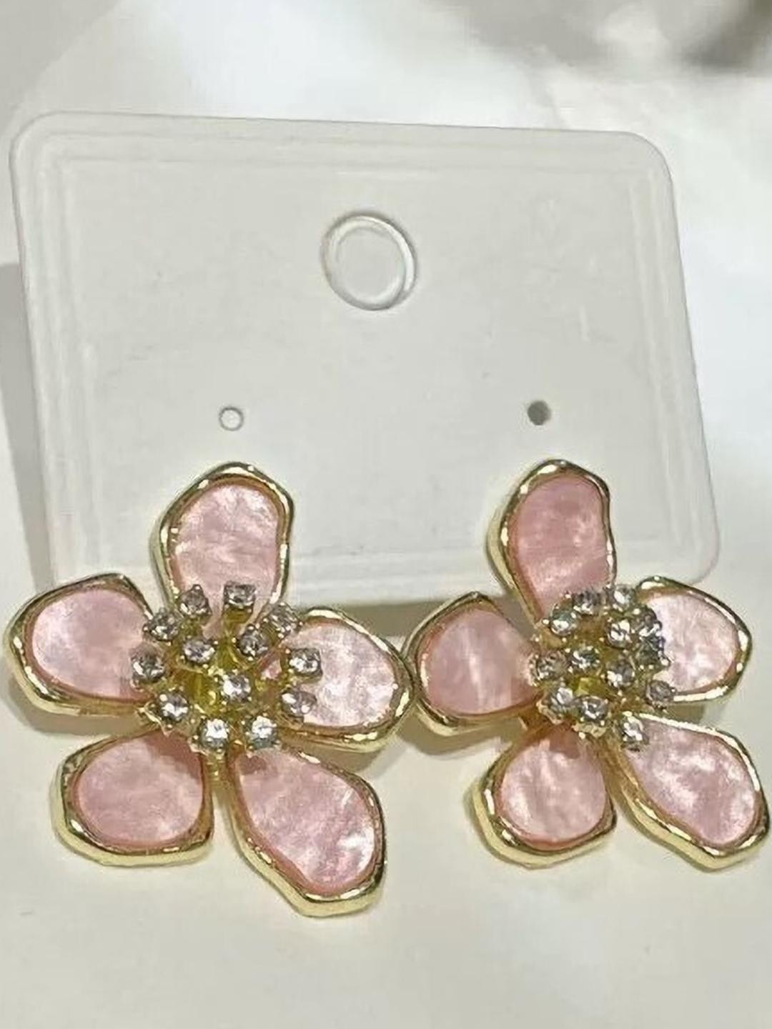 AKISON JEWELS Women Gold Toned Rose Petal Crystals Earrings