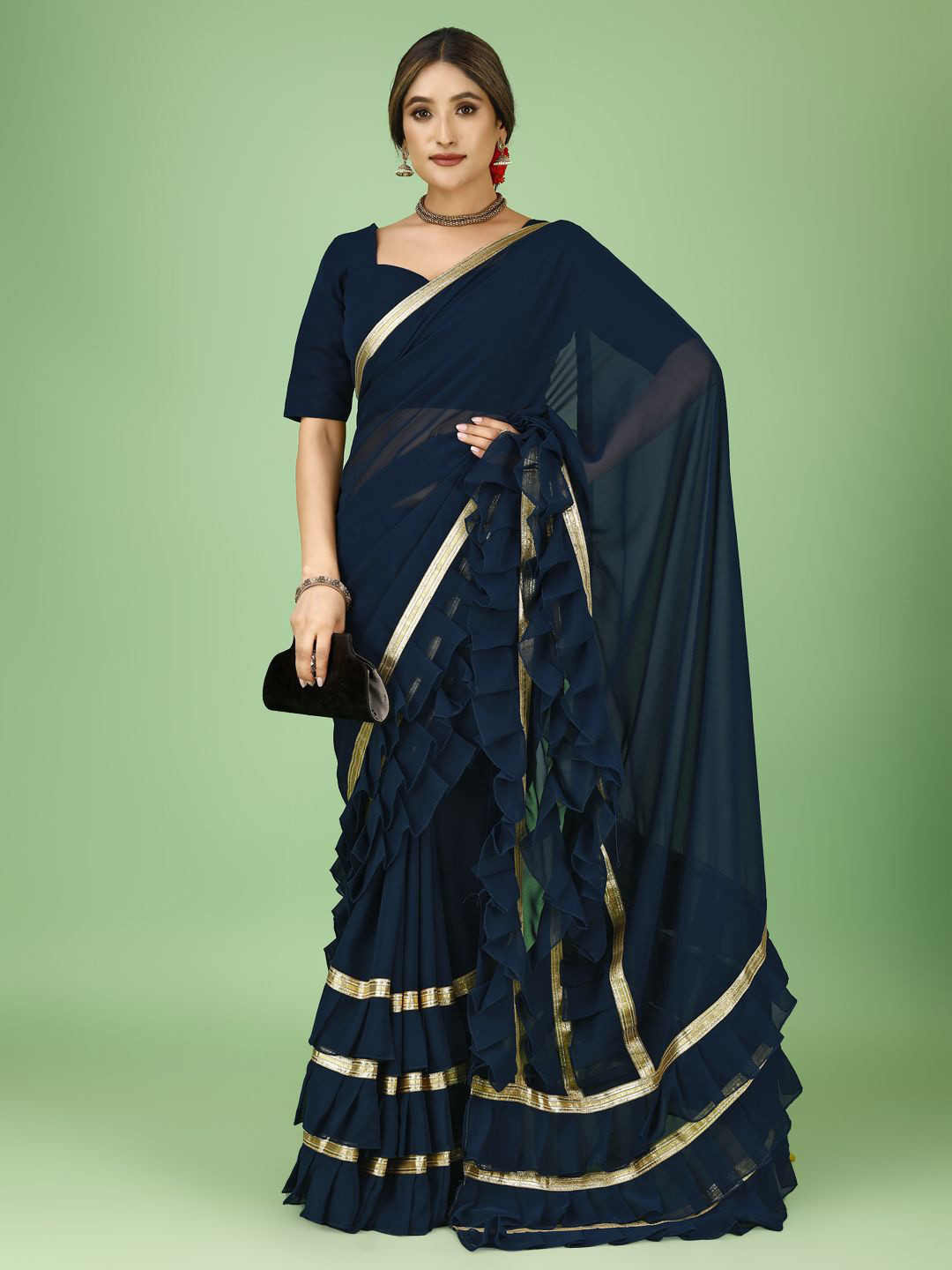SAREEFLAME Pure Georgette Ruffle Saree With Blouse