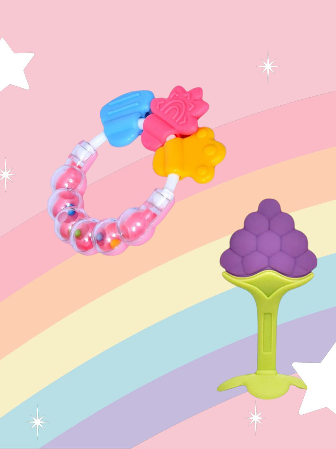 Joy Buzz Kids Set Of 2 Baby Rattle & Stand Teether - Pink & Blue