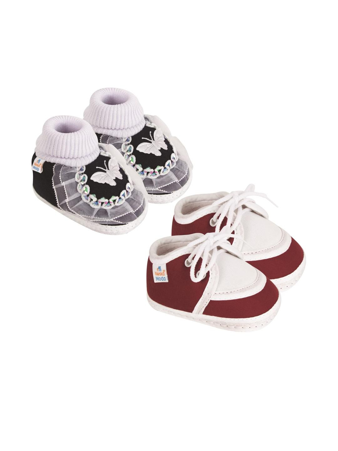 Neska Moda 0 To 6 Months Newborn Baby Boys & Baby Girls 2 Pair Soft Cotton Butterfly Lace Booties (Toe to Heel Length - 10 cm, Black, Maroon)