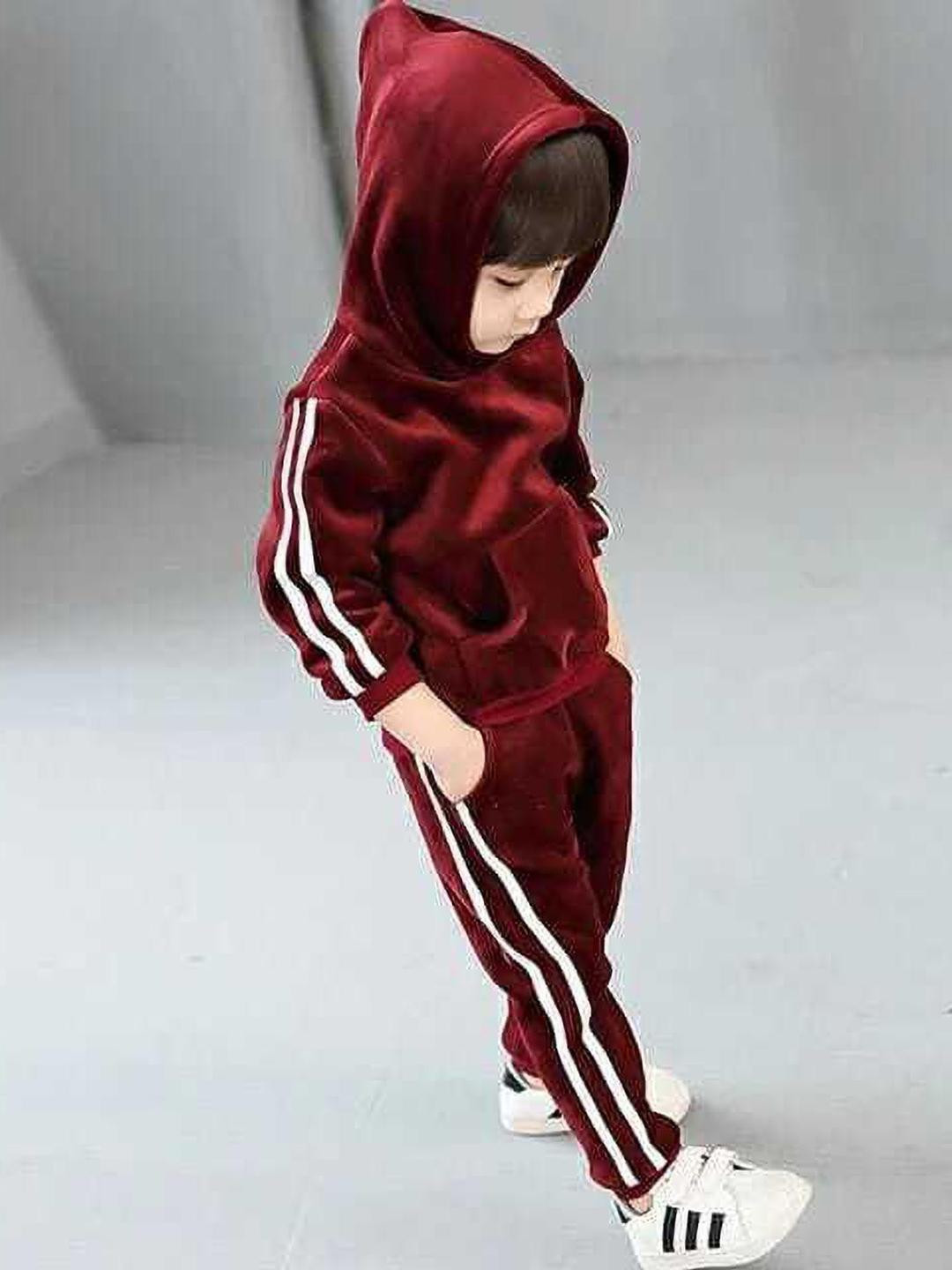 Kwikk Unisex Kids Maroon Hooded Cotton Blend Solid Coat With Long Sleeves For Casual Wear