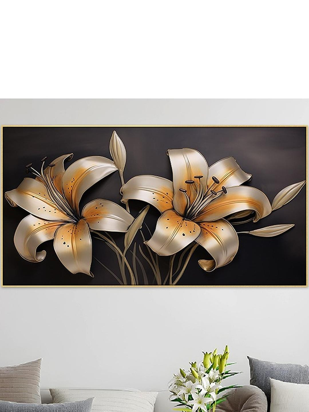 DEKORSTATION White & Gold-Toned Floral and Botanical Canvas Wall Painting