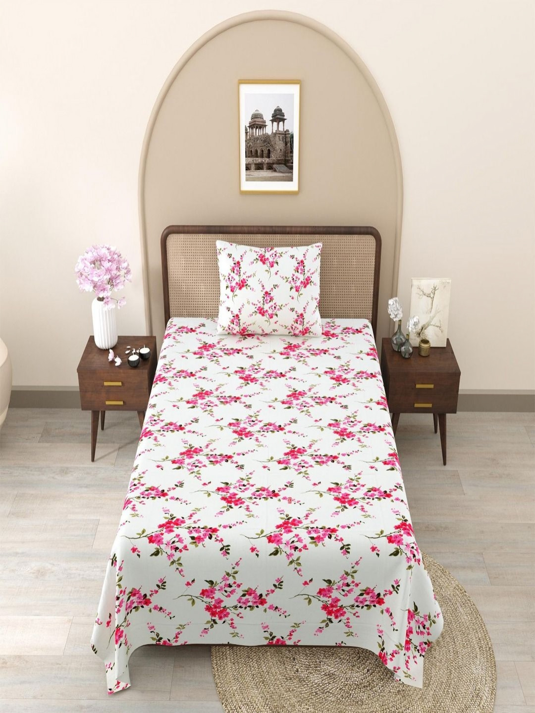 Bombay Spreads White & Pink Floral Cotton 240 TC Single Bedsheet Set 2.25 m X 1.50 m
